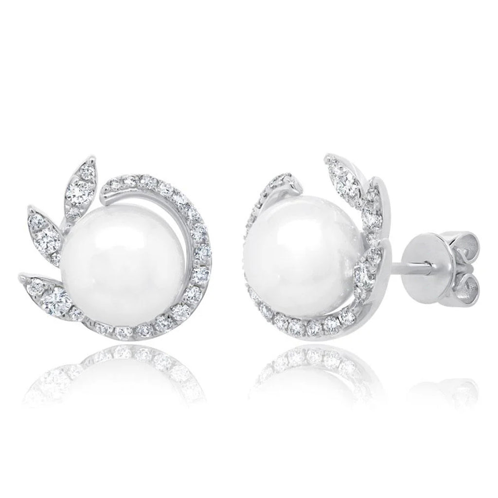 Diamond & Cultured Pearl Stud Earrings 14K White Gold (0.42ct)