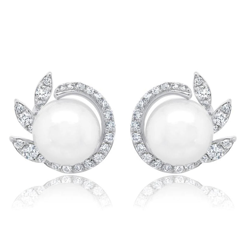 Diamond & Cultured Pearl Stud Earrings 14K White Gold (0.42ct)