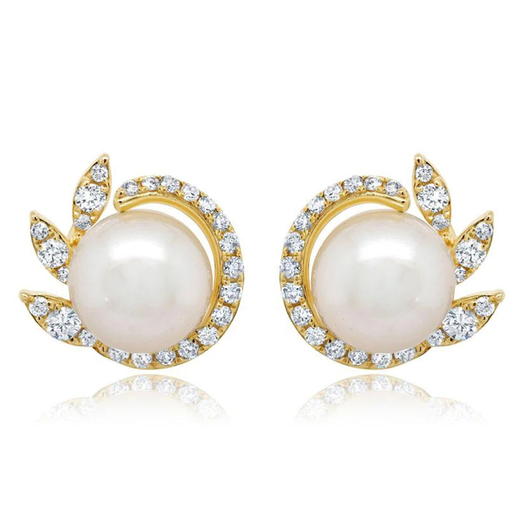 Diamond & Cultured Pearl Stud Earrings 14K Yellow Gold (0.42ct)