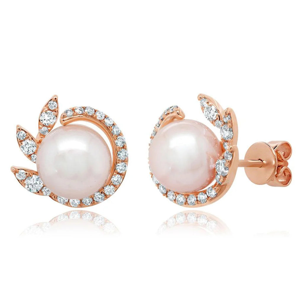 Diamond & Cultured Pearl Stud Earrings 14K Rose Gold (0.42ct)