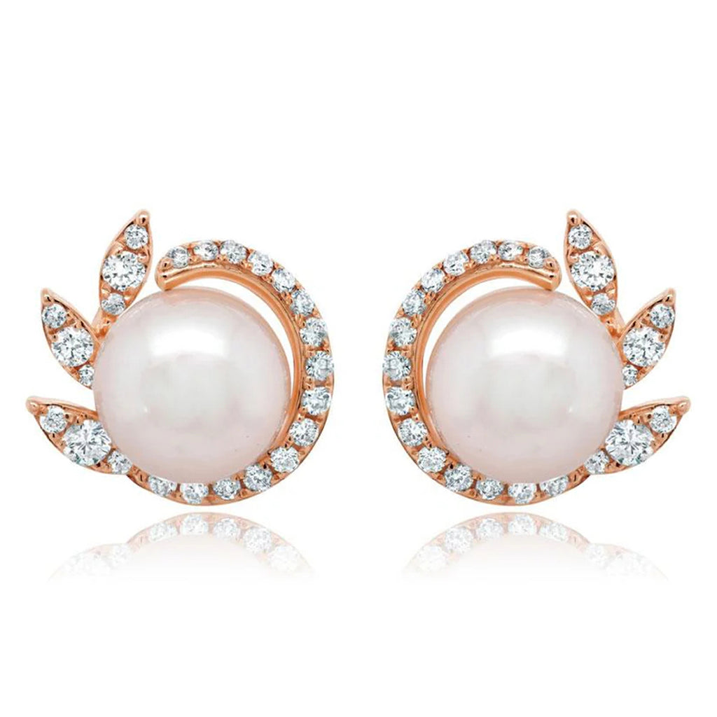 Diamond & Cultured Pearl Stud Earrings 14K Rose Gold (0.42ct)