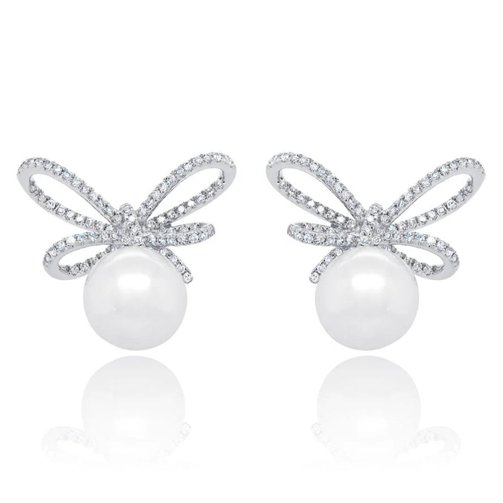 Diamond & Cultured Pearl Bow Stud Earrings 14K White Gold (0.47ct)