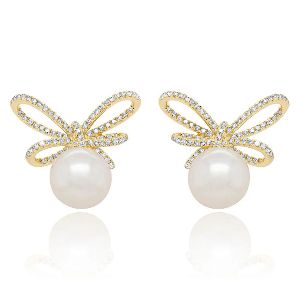 Diamond & Cultured Pearl Bow Stud Earrings 14K Yellow Gold (0.47ct)