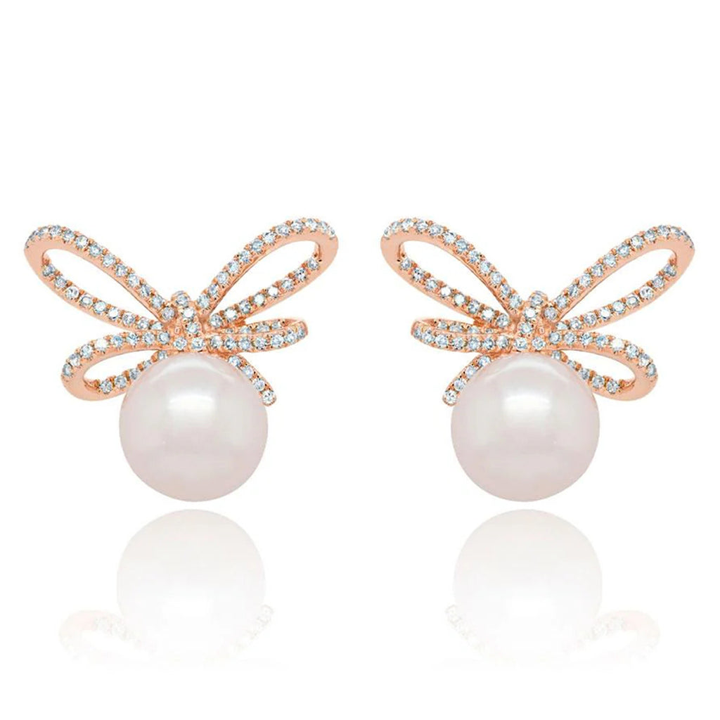 Diamond & Cultured Pearl Bow Stud Earrings 14K Rose Gold (0.47ct)