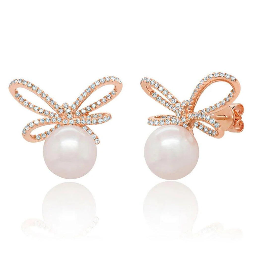 Diamond & Cultured Pearl Bow Stud Earrings 14K Rose Gold (0.47ct)