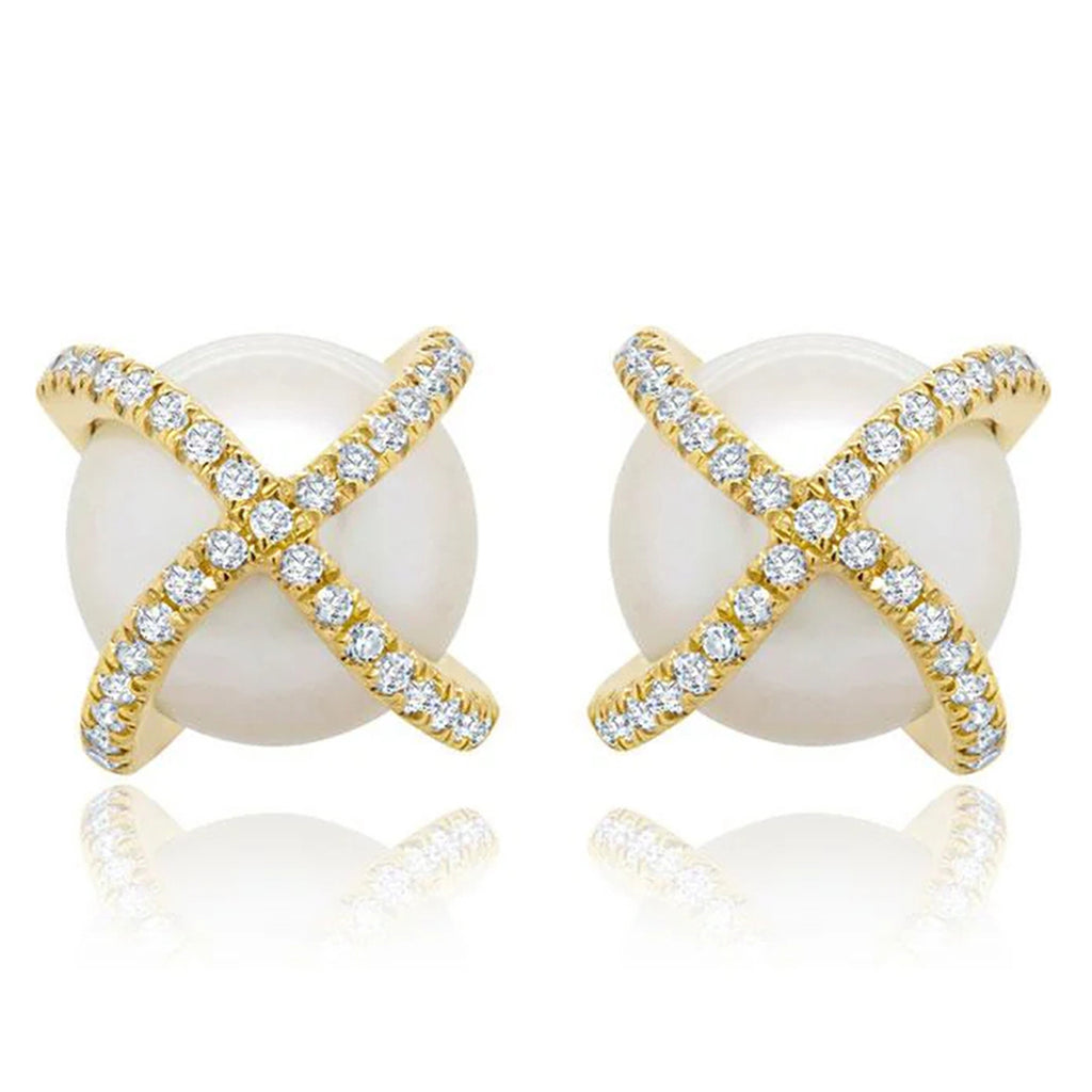 Diamond & Cultured Pearl Crisscross Stud Earrings 14K Yellow Gold (0.21ct)