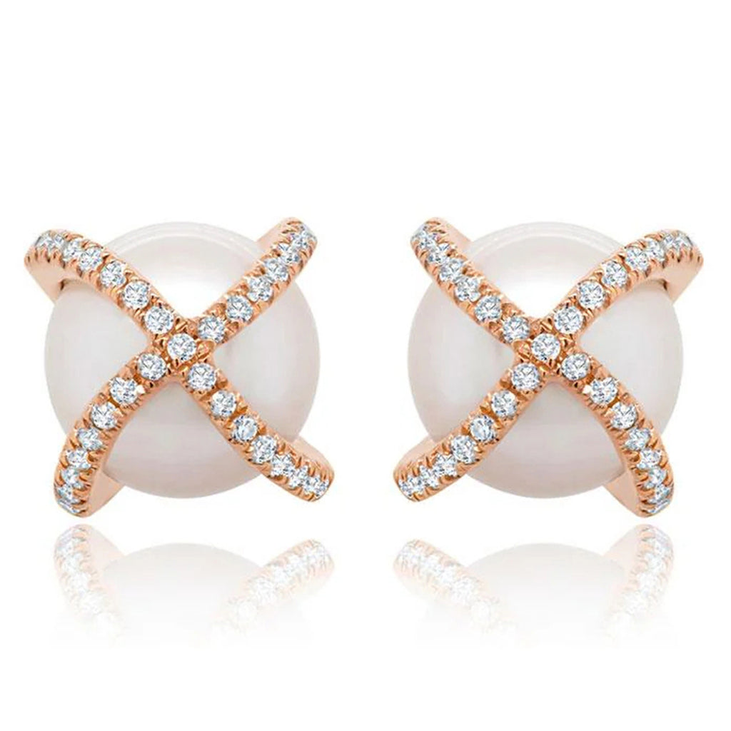 Diamond & Cultured Pearl Crisscross Stud Earrings 14K Rose Gold (0.21ct)