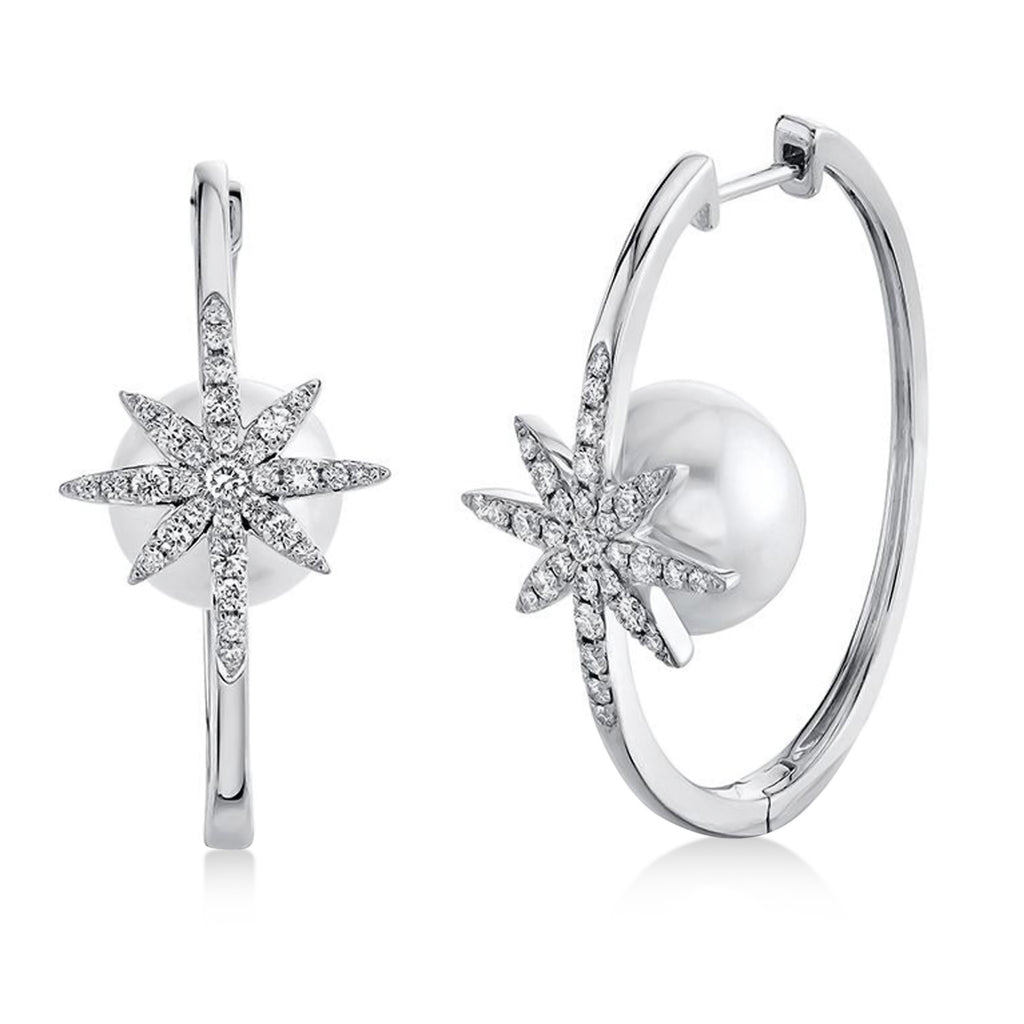 Diamond & Cultured Pearl Oval Hoop Earrings 14K White Gold (0.68ct)