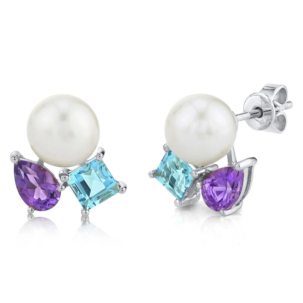 Cultured Pearl & Amethyst Blue Topaz Stud Earrings 14K White Gold (1.57ct)
