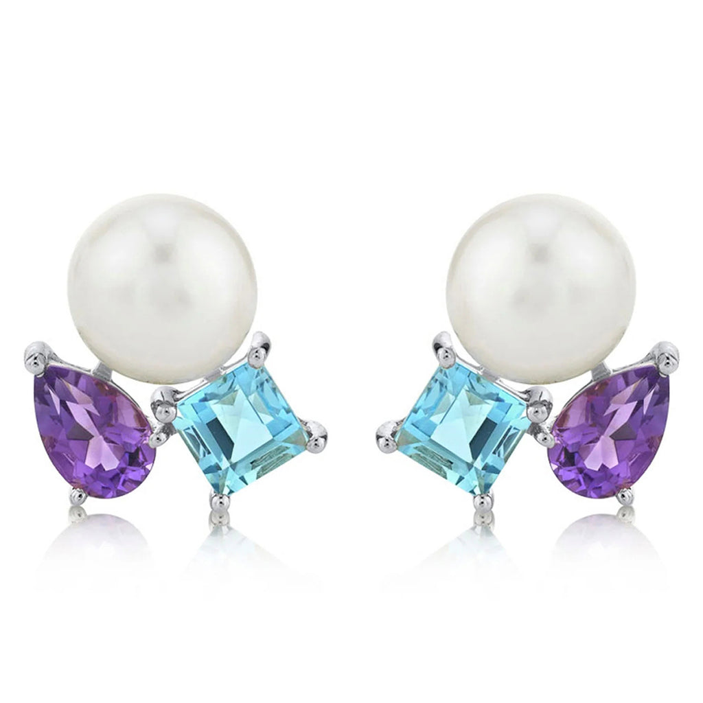 Cultured Pearl & Amethyst Blue Topaz Stud Earrings 14K White Gold (1.57ct)