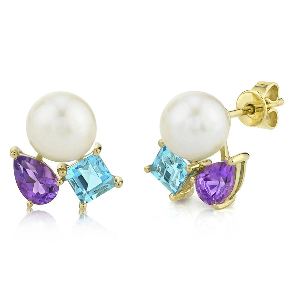 Cultured Pearl & Amethyst Blue Topaz Stud Earrings 14K Yellow Gold (1.57ct)