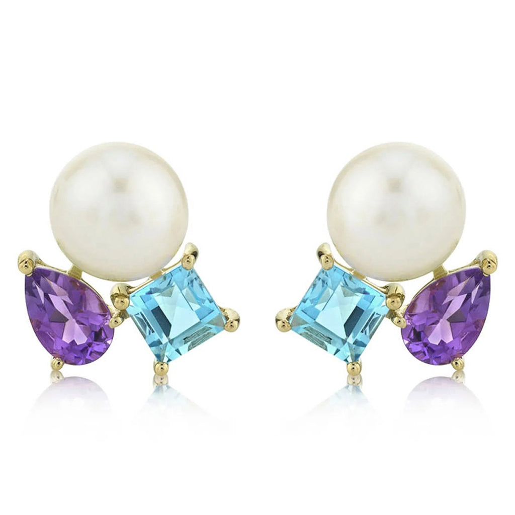 Cultured Pearl & Amethyst Blue Topaz Stud Earrings 14K Yellow Gold (1.57ct)