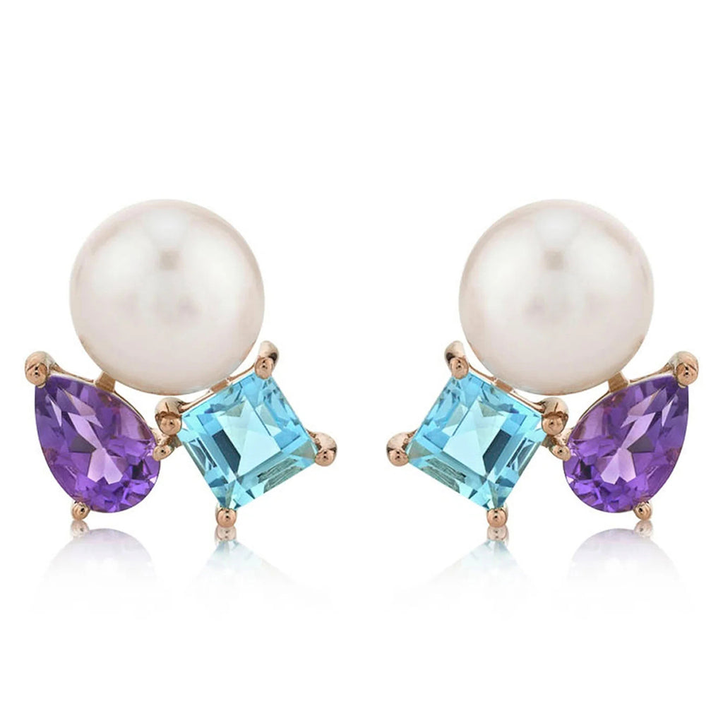 Cultured Pearl & Amethyst Blue Topaz Stud Earrings 14K Rose Gold (1.57ct)