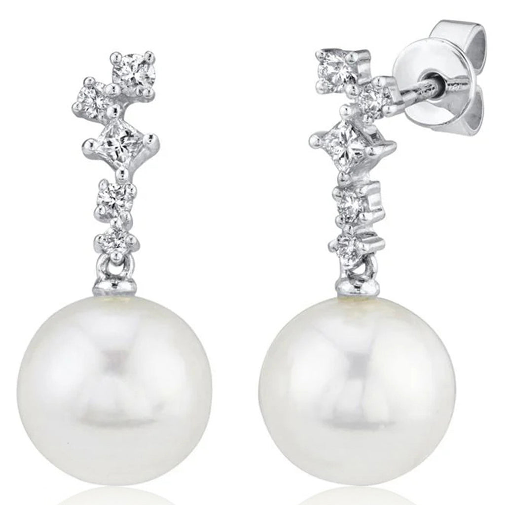 Diamond & Cultured Pearl Dangling Earrings 14K White Gold (0.22ct)