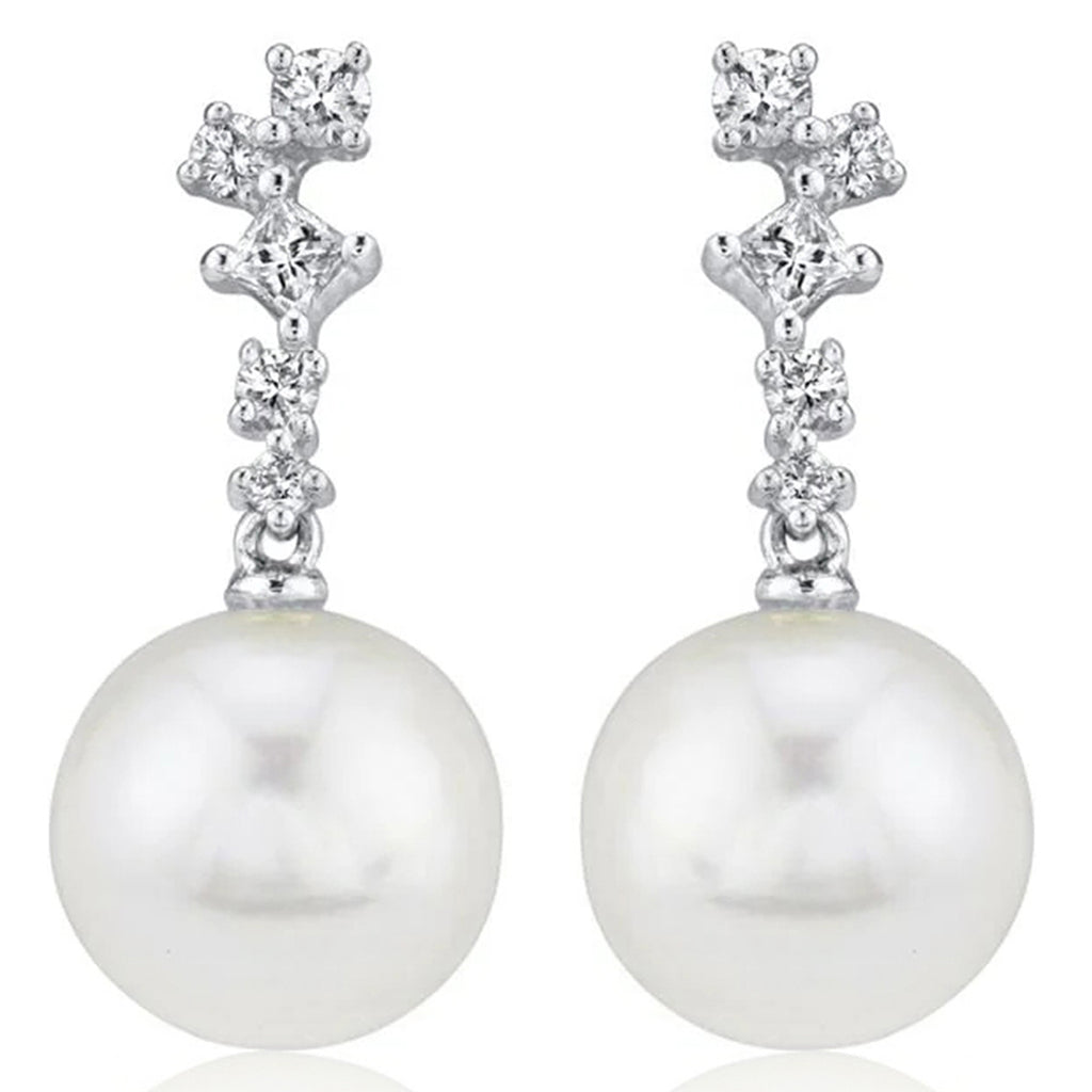 Diamond & Cultured Pearl Dangling Earrings 14K White Gold (0.22ct)
