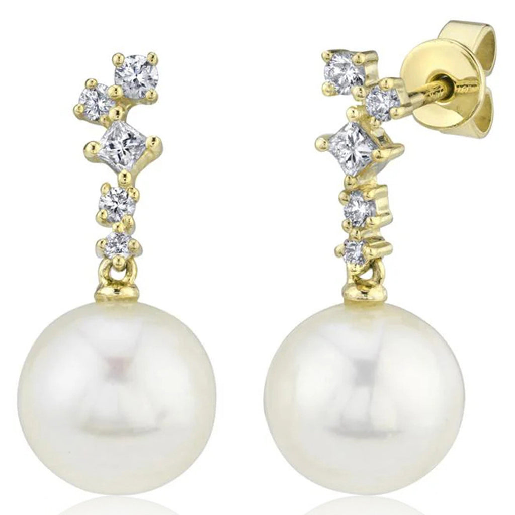 Diamond & Cultured Pearl Dangling Earrings 14K Yellow Gold (0.22ct)