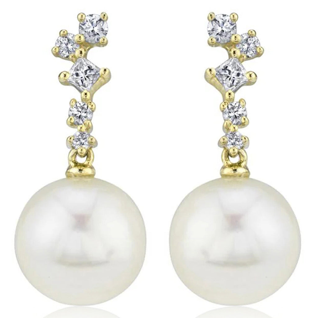 Diamond & Cultured Pearl Dangling Earrings 14K Yellow Gold (0.22ct)