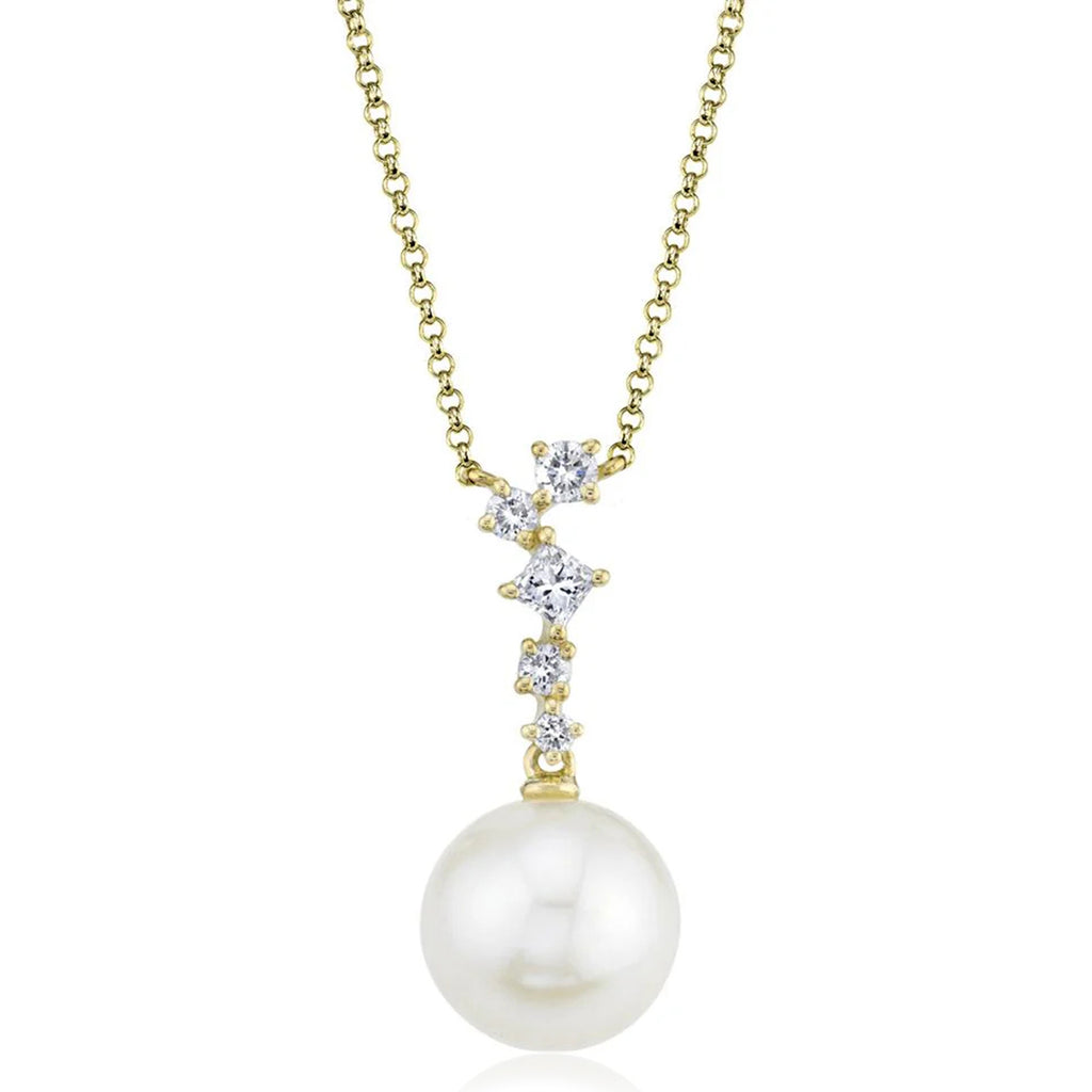 Diamond & Cultured Pearl Dangling Pendant Necklace 14K Yellow Gold (0.16ct)