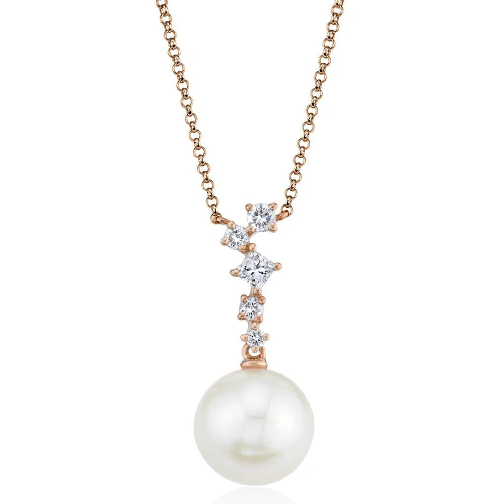 Diamond & Cultured Pearl Dangling Pendant Necklace 14K Rose Gold (0.16ct)