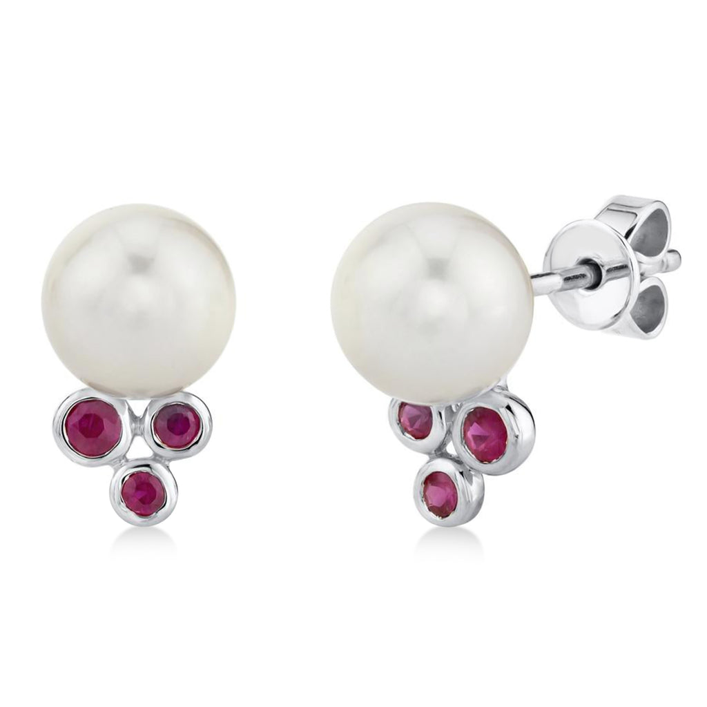 Ruby & Cultured Pearl Stud Earrings 14K White Gold (0.18ct)