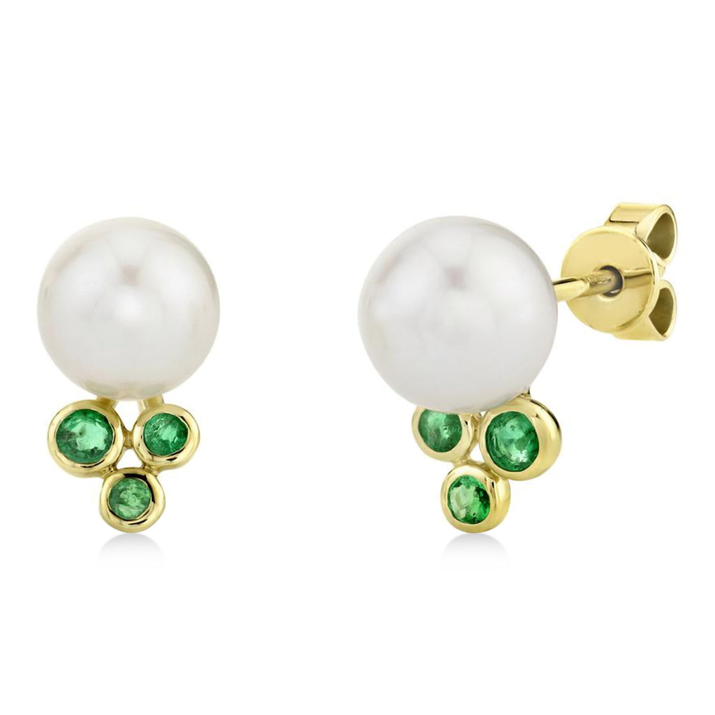 Emerald & Cultured Pearl Stud Earrings 14K Yellow Gold (0.17ct)