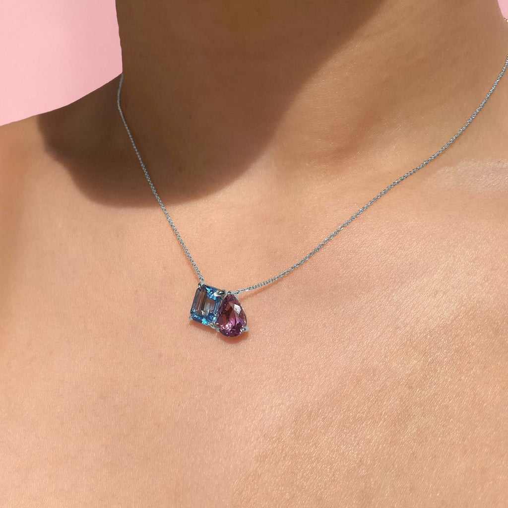 Amethyst & Blue Topaz Toi Et Moi Pendant Necklace 14K White Gold (4.89ct)