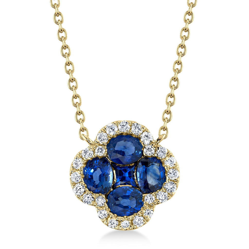 Diamond & Blue Sapphire Clover Pendant Necklace 14K Yellow Gold (1.30ct)