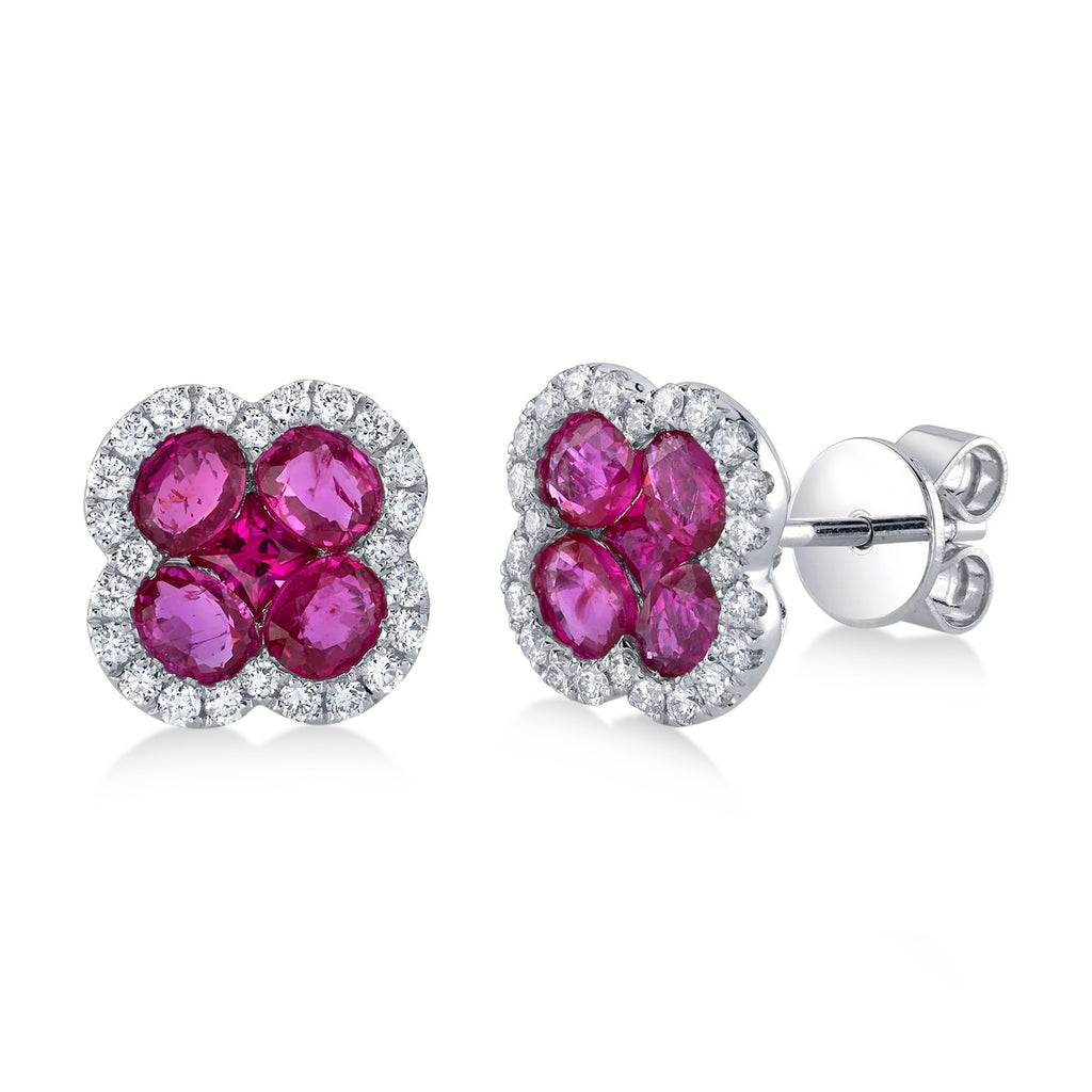 Diamond & Ruby Clover Stud Earrings 14K White Gold (2.36ct)
