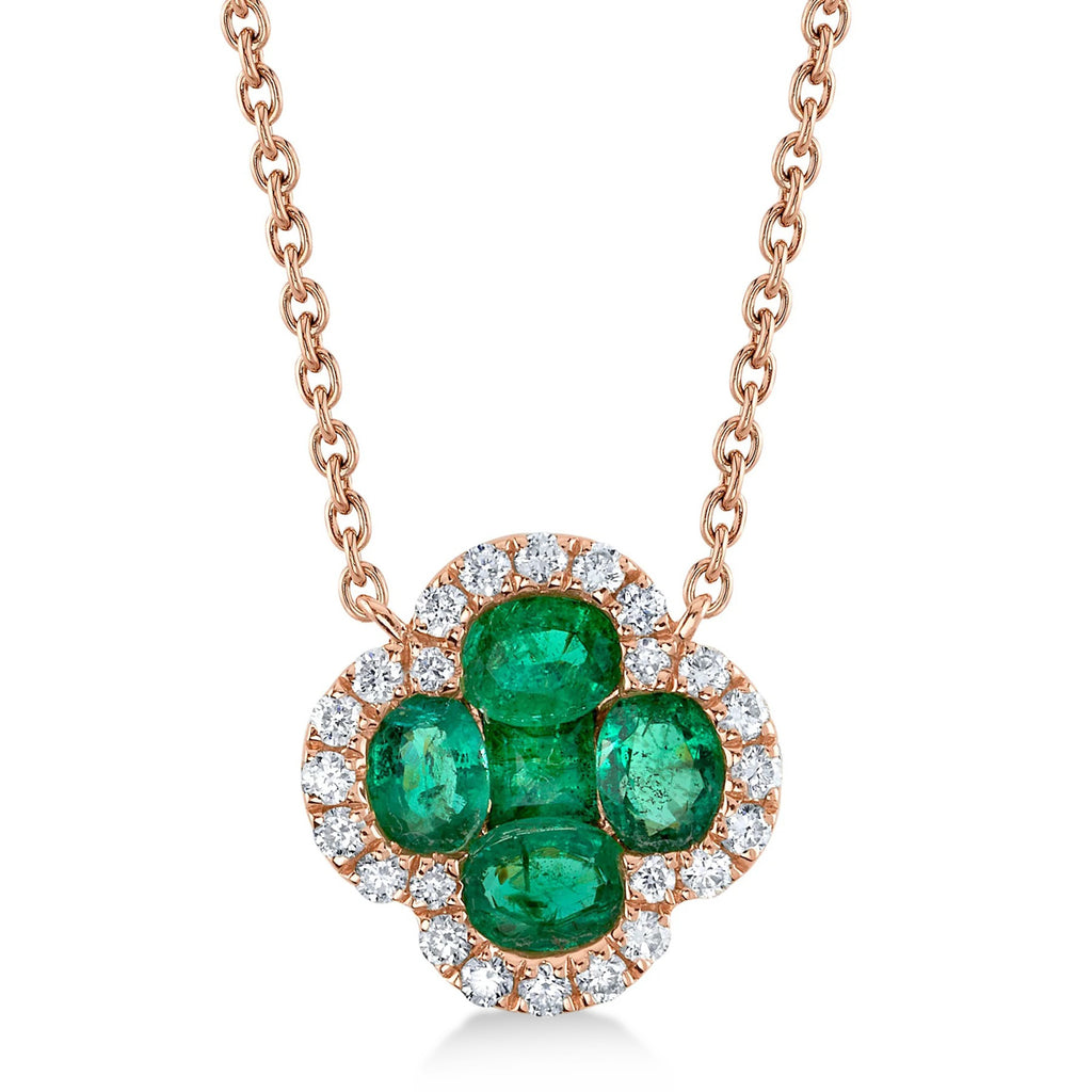 Diamond & Emerald Clover Pendant Necklace 14K Rose Gold (0.81ct)