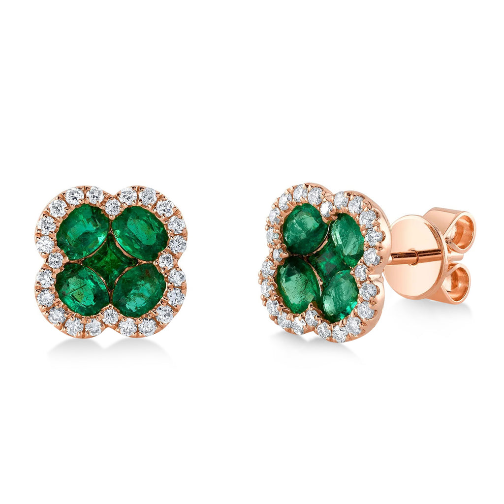 Diamond & Emerald Clover Stud Earrings 14K Rose Gold (1.62ct)