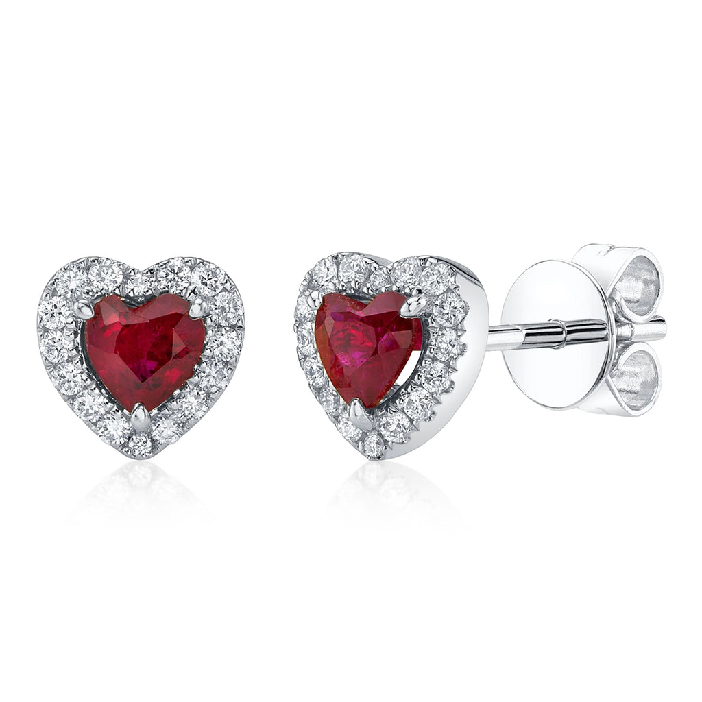Heart Ruby & Round Diamond Halo Stud Earrings 14K White Gold (0.68ct)