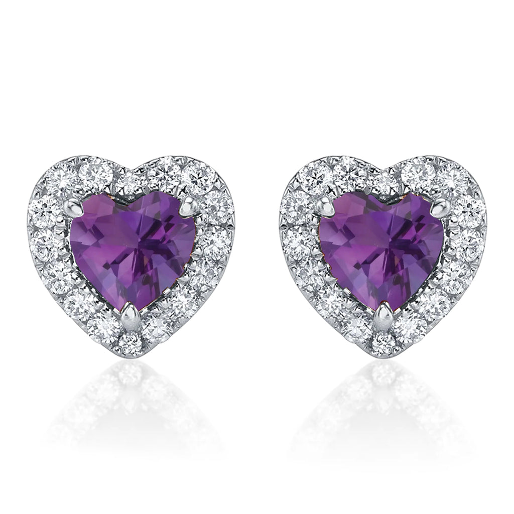 Heart Amethyst & Round Diamond Halo Stud Earrings 14K White Gold (0.68ct)