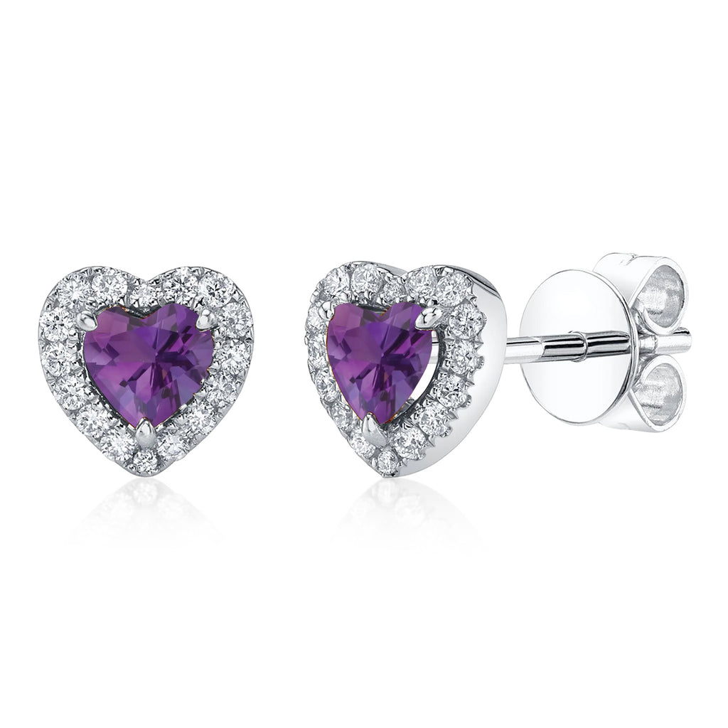Heart Amethyst & Round Diamond Halo Stud Earrings 14K White Gold (0.68ct)