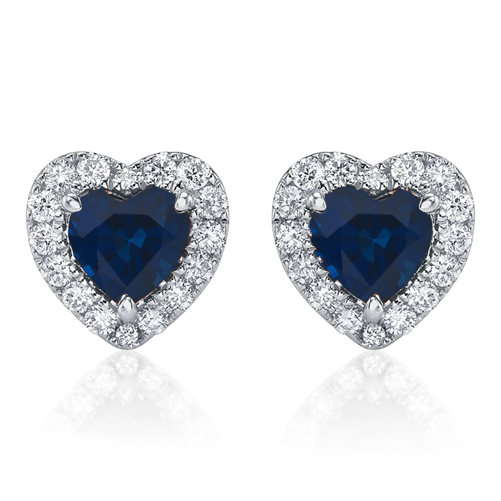 Heart Blue Sapphire & Round Diamond Halo Stud Earrings 14K White Gold (0.68ct)