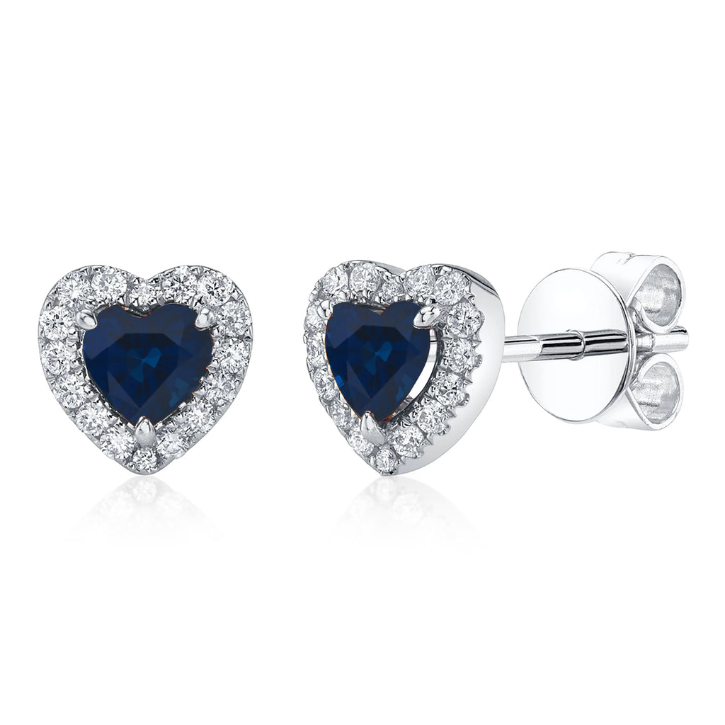 Heart Blue Sapphire & Round Diamond Halo Stud Earrings 14K White Gold (0.68ct)