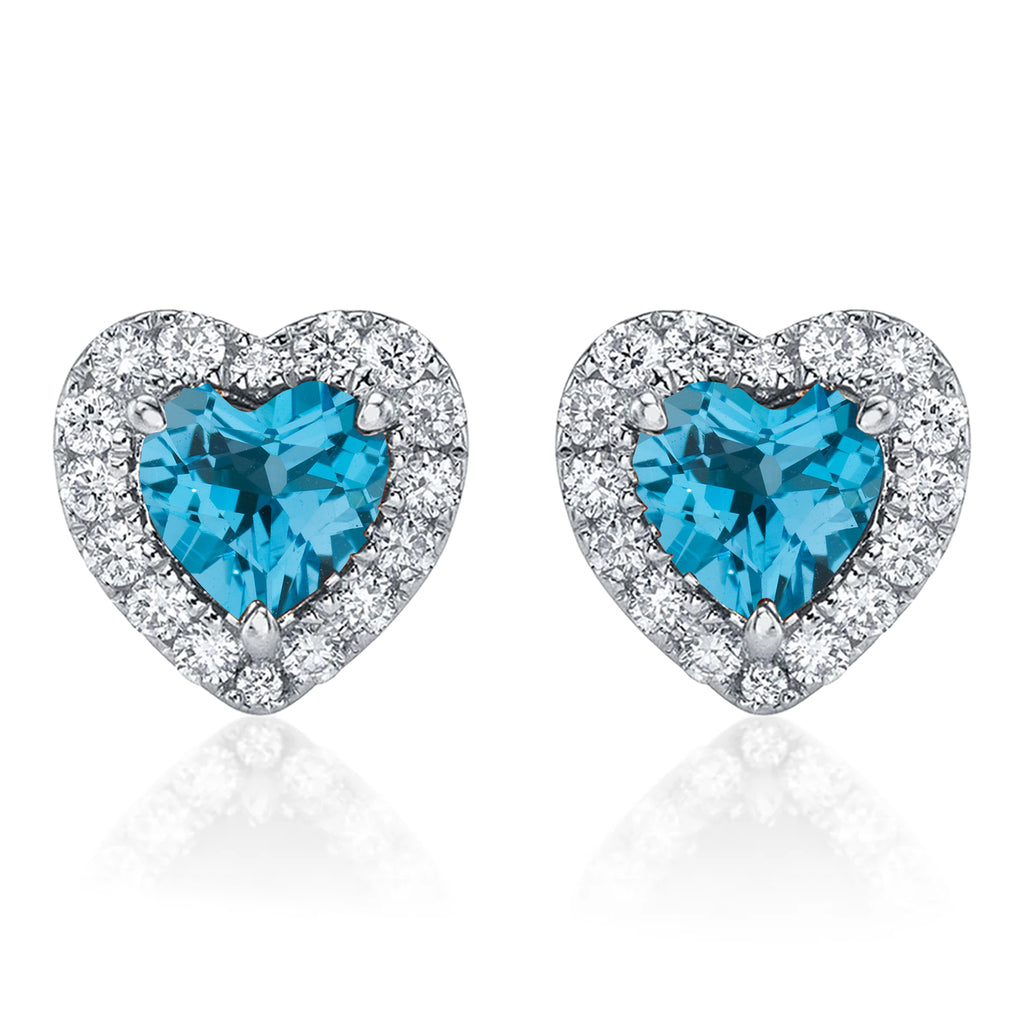 Heart Blue Topaz & Round Diamond Halo Stud Earrings 14K White Gold (0.68ct)