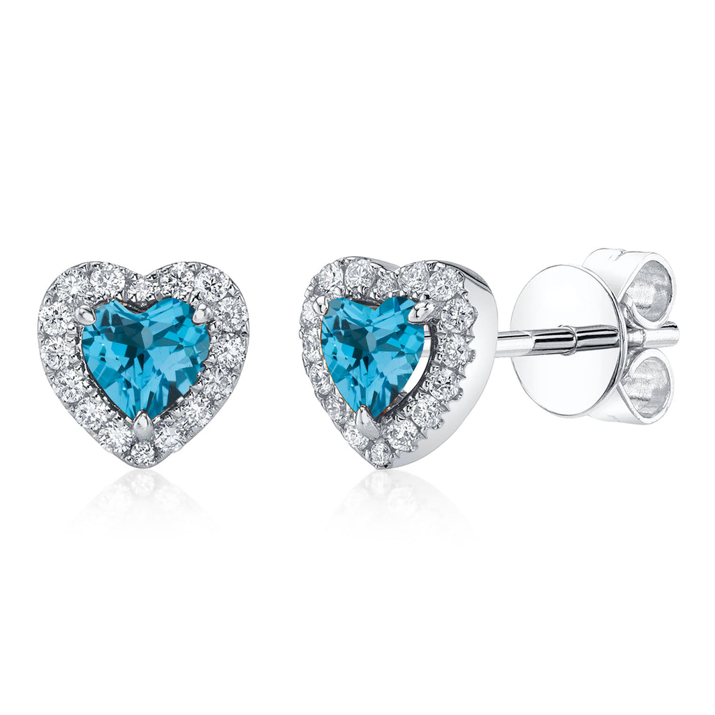 Heart Blue Topaz & Round Diamond Halo Stud Earrings 14K White Gold (0.68ct)