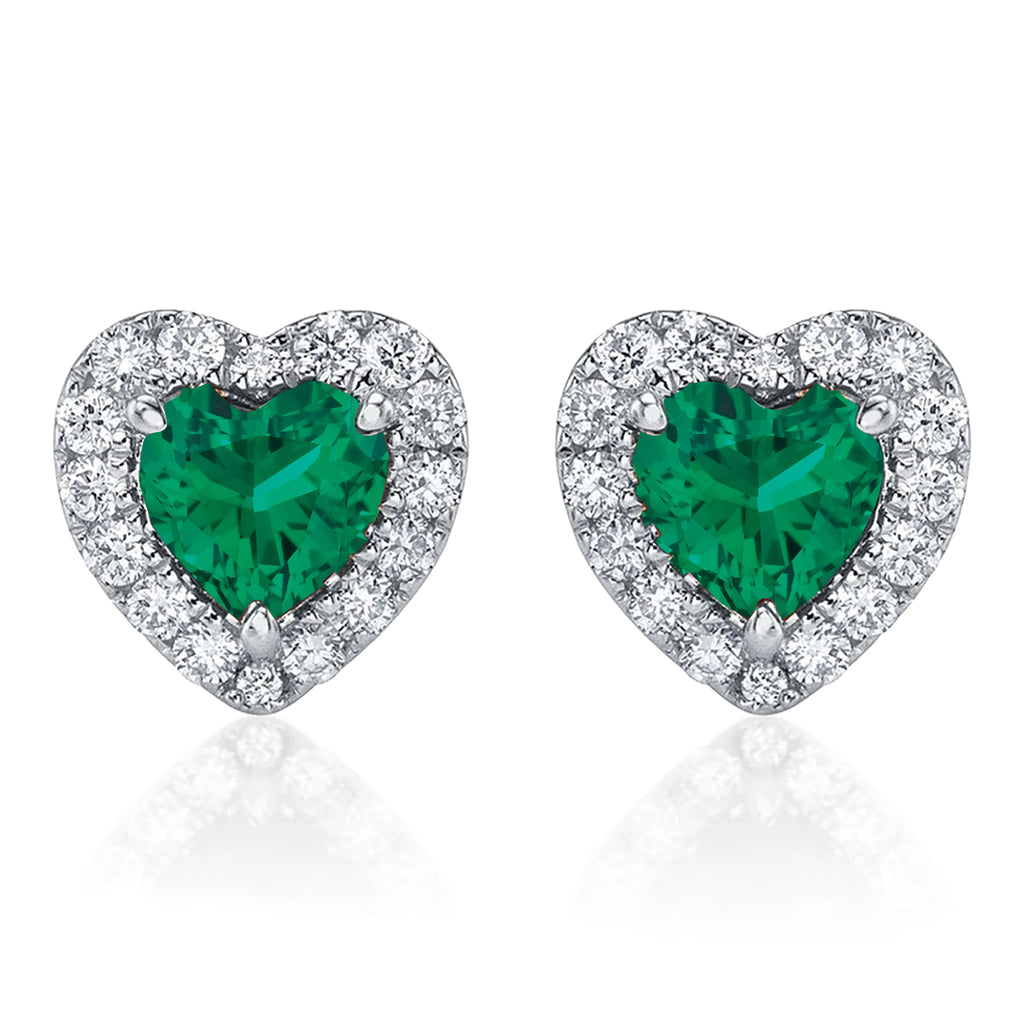 Heart Emerald & Round Diamond Halo Stud Earrings 14K White Gold (0.68ct)