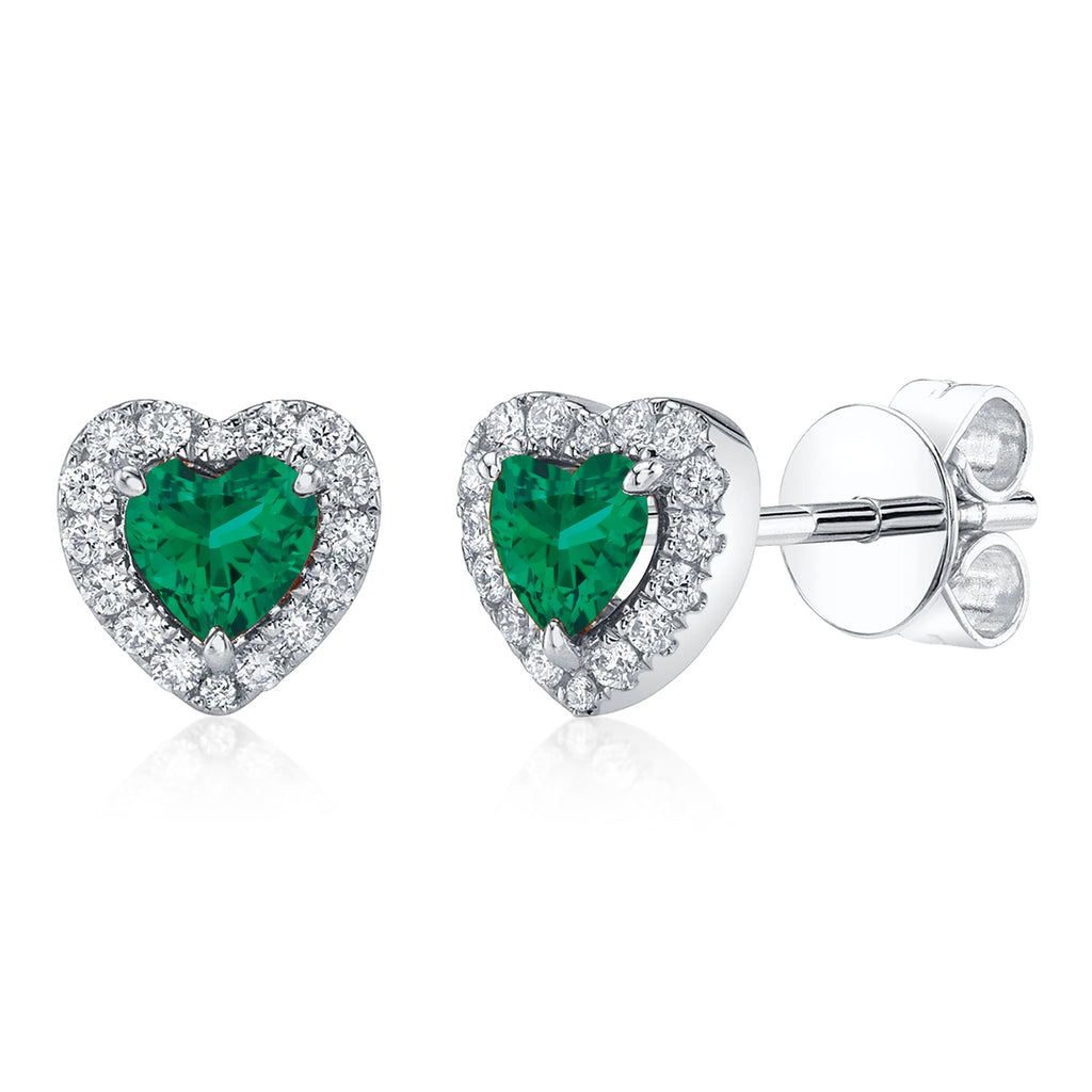Heart Emerald & Round Diamond Halo Stud Earrings 14K White Gold (0.68ct)