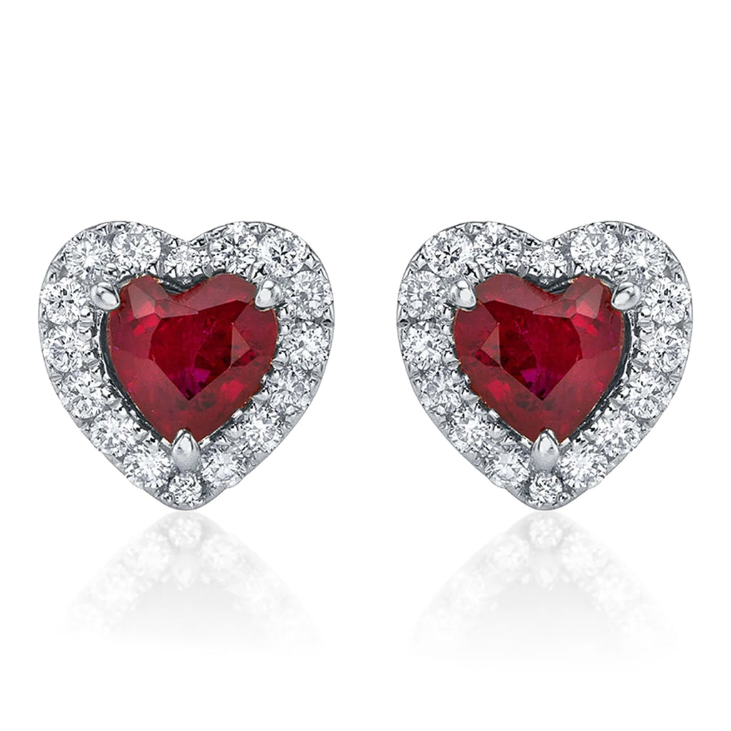 Heart Lab  Ruby & Round Diamond Halo Stud Earrings 14K White Gold (0.68ct)