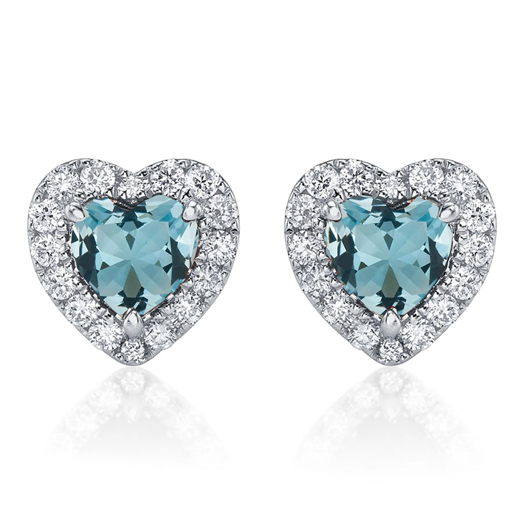 Heart Lab  Aquamarine & Round Diamond Halo Stud Earrings 14K White Gold (0.68ct)