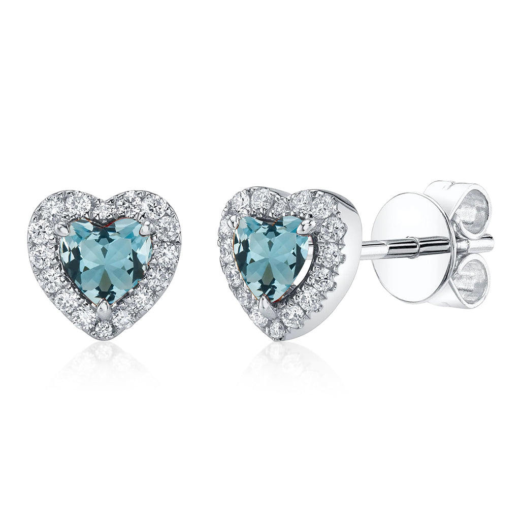 Heart Lab  Aquamarine & Round Diamond Halo Stud Earrings 14K White Gold (0.68ct)