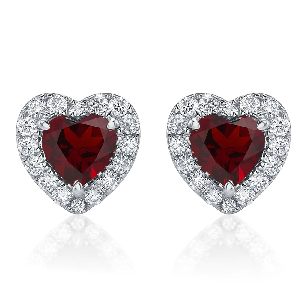 Heart Lab  Garnet & Round Diamond Halo Stud Earrings 14K White Gold (0.68ct)