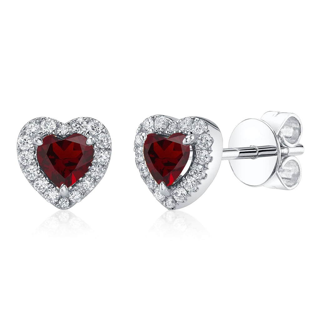 Heart Lab  Garnet & Round Diamond Halo Stud Earrings 14K White Gold (0.68ct)