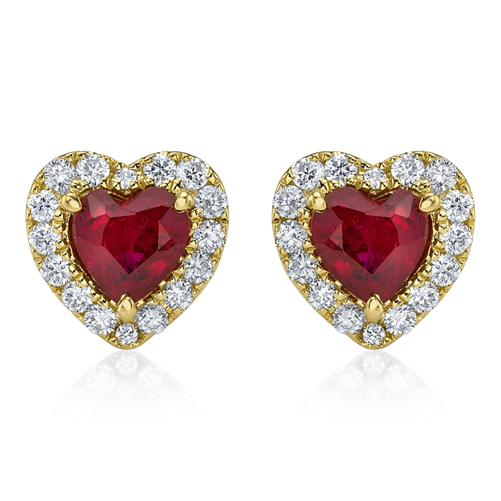 Heart Ruby & Round Diamond Halo Stud Earrings 14K Yellow Gold (0.68ct)