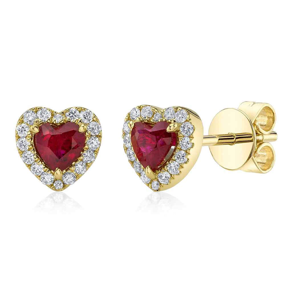 Heart Ruby & Round Diamond Halo Stud Earrings 14K Yellow Gold (0.68ct)