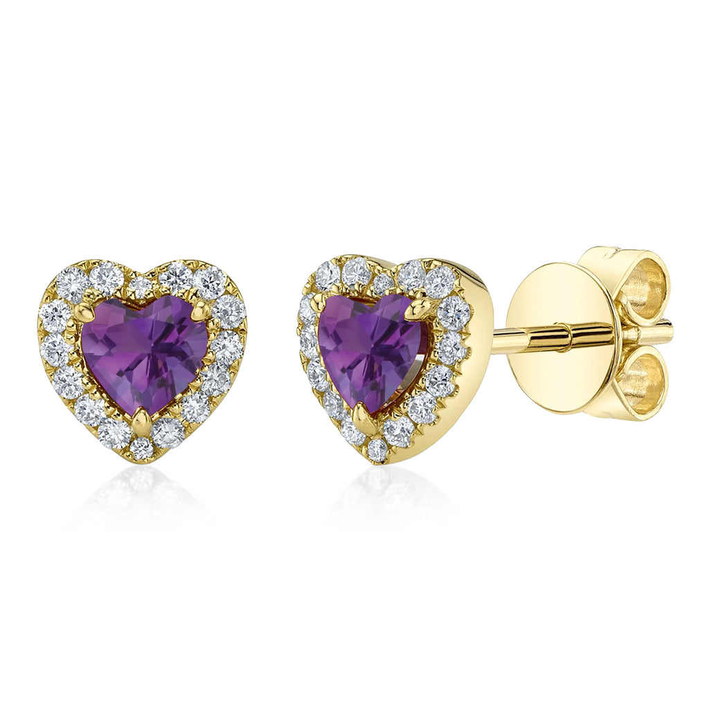 Heart Amethyst & Round Diamond Halo Stud Earrings 14K Yellow Gold (0.68ct)