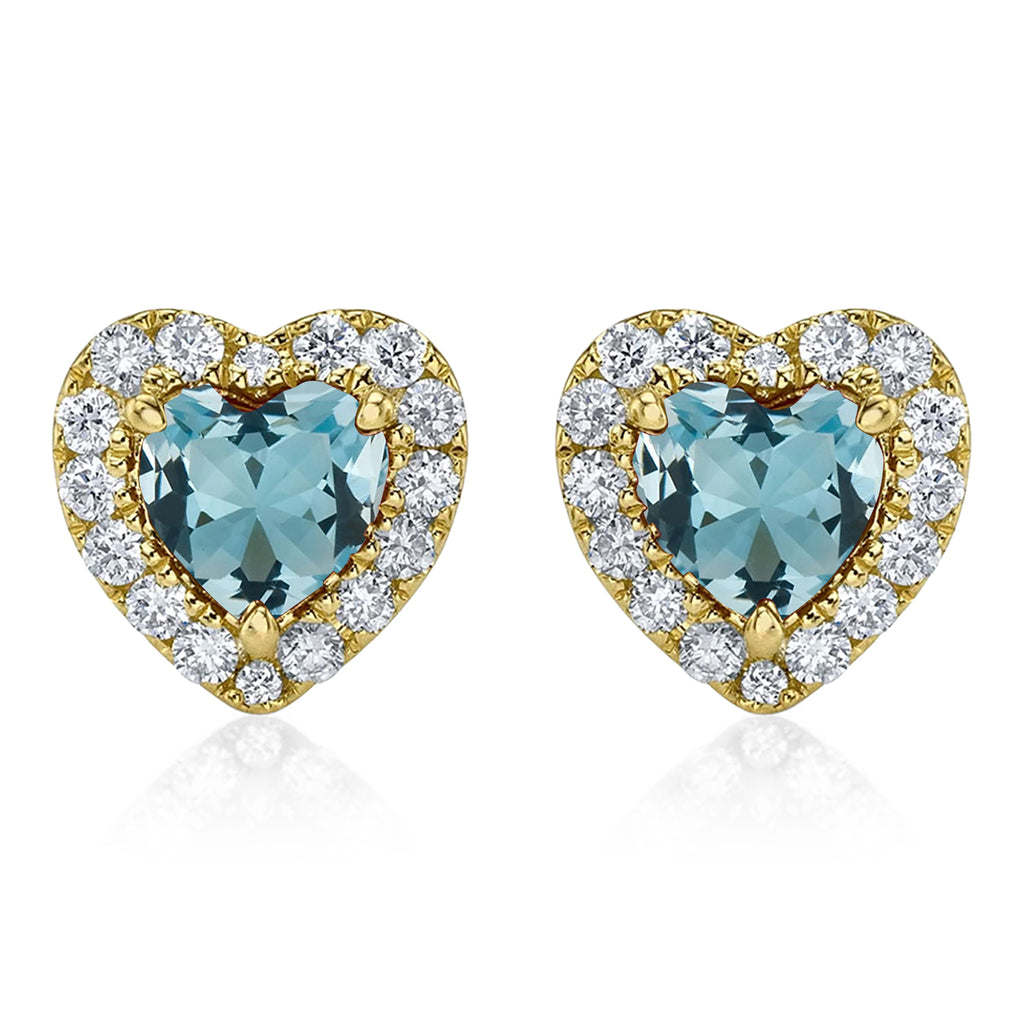 Heart Aquamarine & Round Diamond Halo Stud Earrings 14K Yellow Gold (0.68ct)