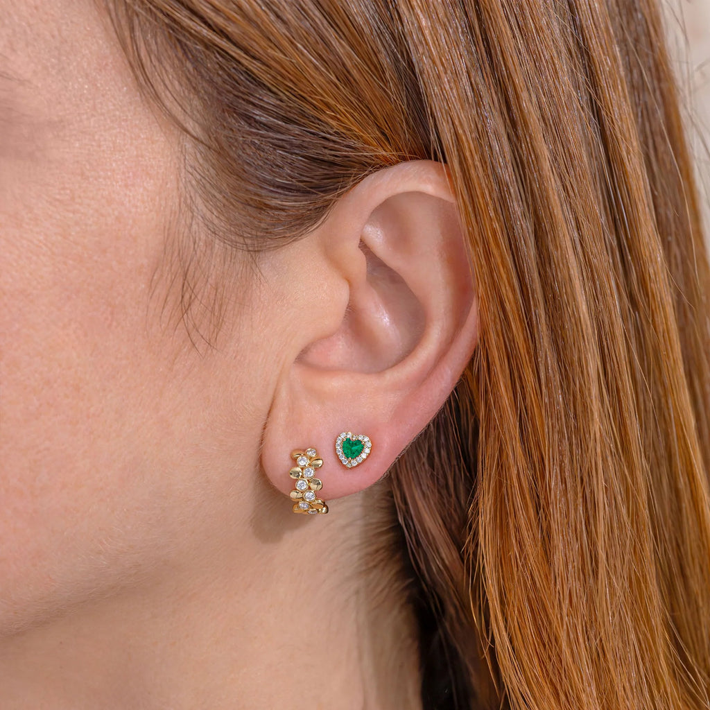 Heart Emerald & Round Diamond Halo Stud Earrings 14K Yellow Gold (0.68ct)