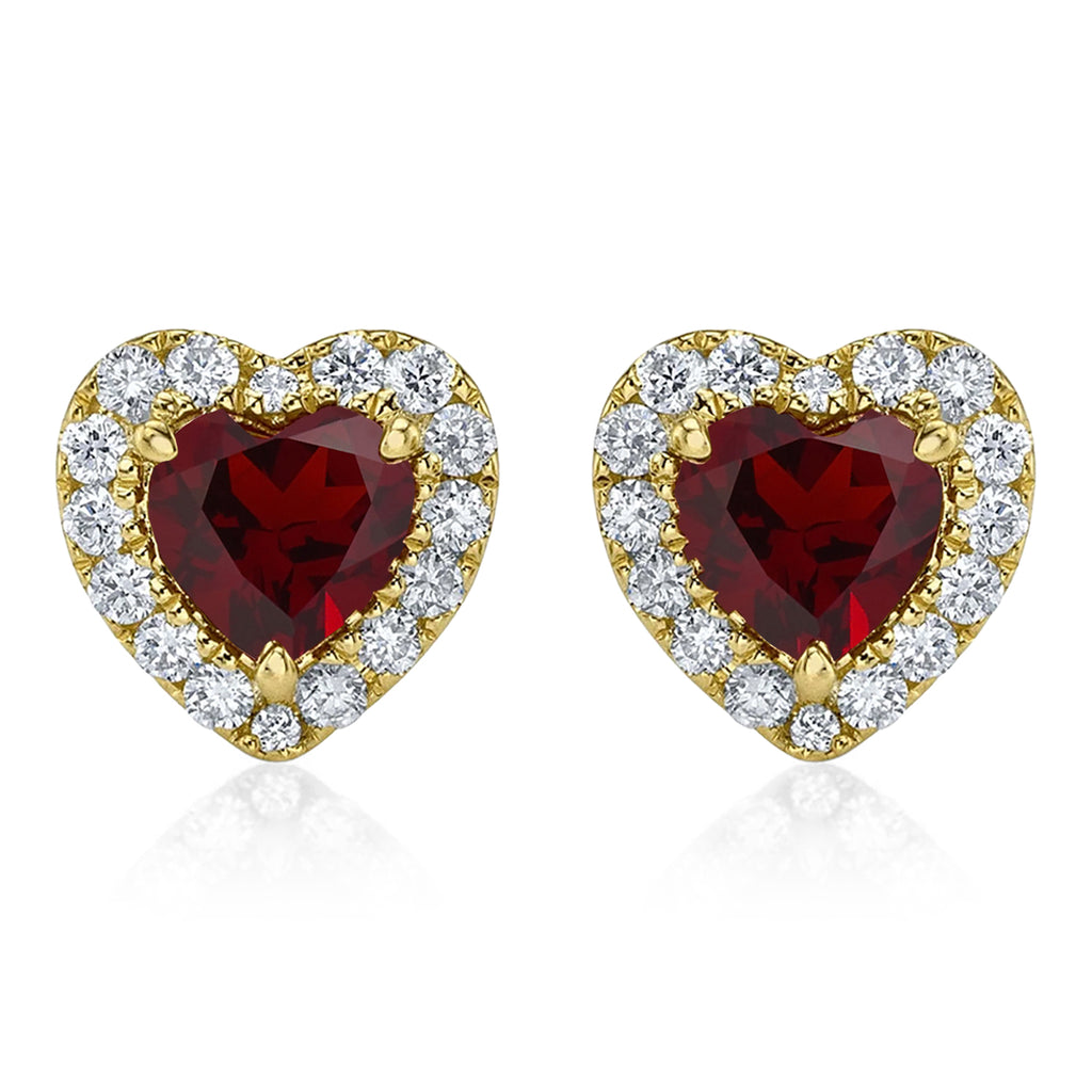 Heart Garnet & Round Diamond Halo Stud Earrings 14K Yellow Gold (0.68ct)